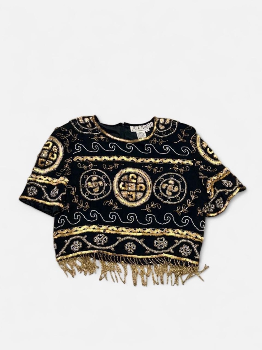 A.J. Bari Black and Gold Sequined Fringe Crop Top